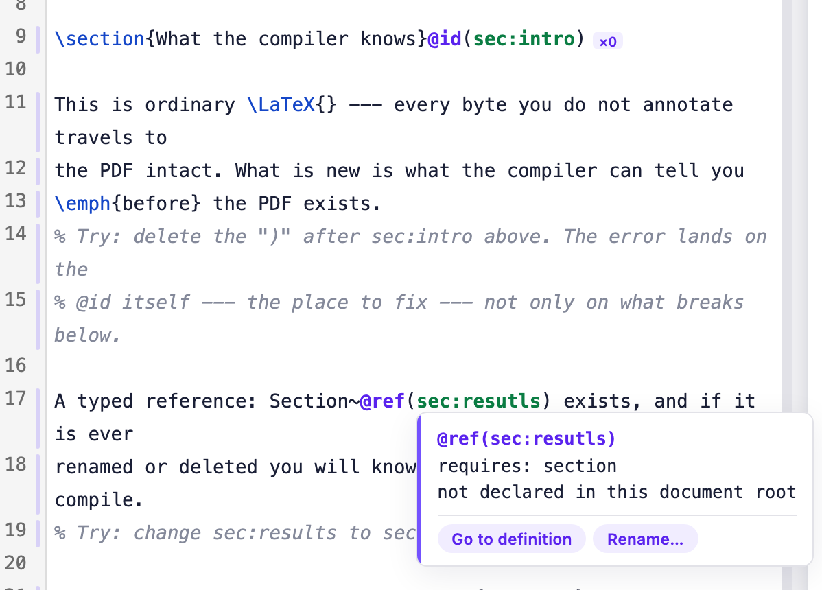 Vitela: a misspelled reference, underlined as you type, with the compiler's answer on hover